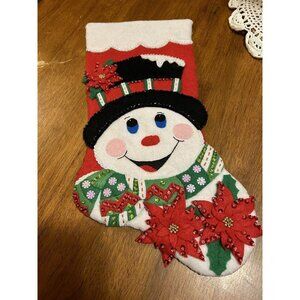 DesignWorks Crafts Felt Christmas Stocking Handcrafted "Pointsettia Snowman" 18"